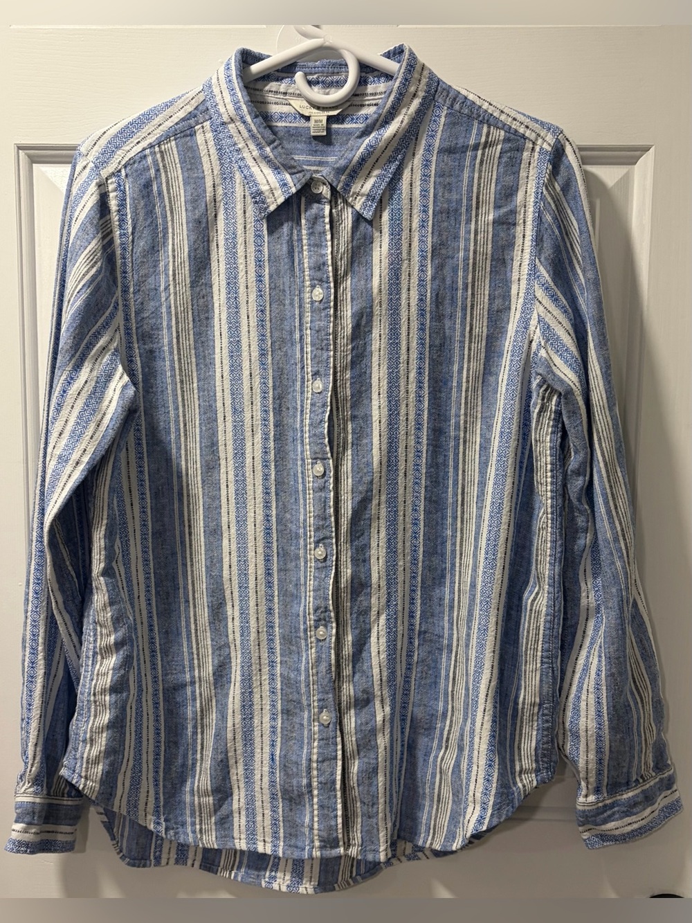 Lucky Brand Blue White Dobby Stripe Embroidered Button Down Shirt - Size M